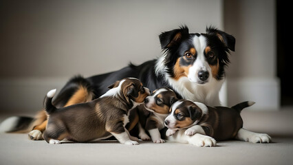 Different Dog breeds with puppies Miniature American Shepherd