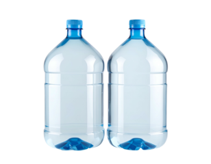 Two clear plastic water bottles with blue caps