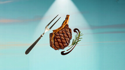 A perfectly grilled steak with a rosemary sprig and a fork, presented under a spotlight.