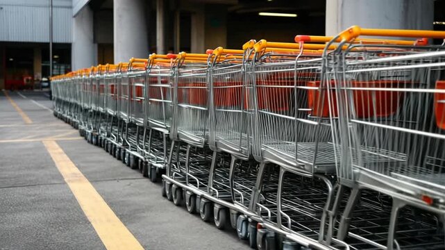 Organizing Shopping Cart Row in Outdoor Parking Lot with Natural Daylight and Modern Urban Setting