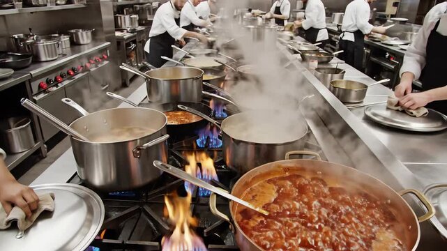 Overhead drone view focusing on multiple pots and pans boiling and simmering simultaneously on a large clean stainless steel commercial stovetop in a busy restaurant kitchen cooking, workflow