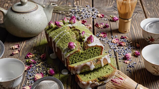Overhead flat lay aesthetic view of a fully decorated matcha green tea loaf cake surrounded by loose dried flowers and decorative tea accessories on a wooden table dessert, artisan, flat