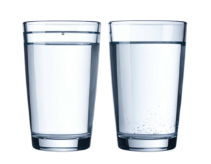 Two glasses, one with bubbles, one still, on black