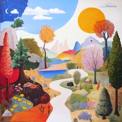 Colorful pathway in a vibrant landscape scenic outdoor environment and tranquil view