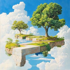 Floating island landscapes with lush trees and clouds surreal art dreamy environment nature concept