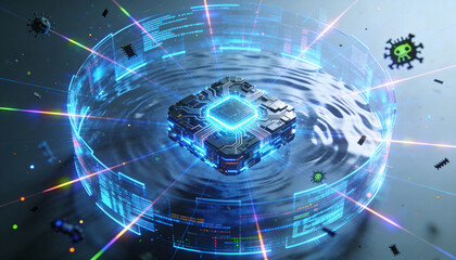 Futuristic cyber security technology glowing microchip hologram data protection
