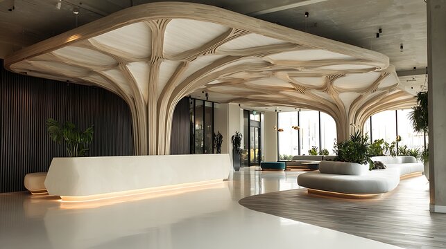 Modern interior design with white reception desk and unique tree like architectural ceiling with large windows and plants