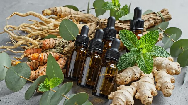 Overhead flat lay composition showing various dried medicinal roots and vibrant green foliage surrounding small glass essential oil dropper bottles on a clean stone background testing, skincare