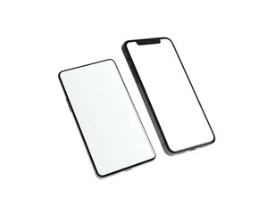 Two modern smartphones, blank screens, isolated on black