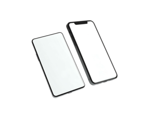 Two modern smartphones, blank screens, isolated on black