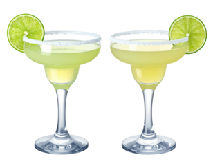 Two margarita glasses filled with cold cocktails, rimmed with salt and lime