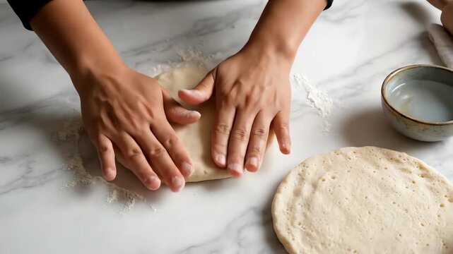 Overhead flat lay shot capturing the meticulous shaping of raw Venezuelan arepa dough into perfect circular discs on a pristine white marble kitchen counter abstract, masa, preparation