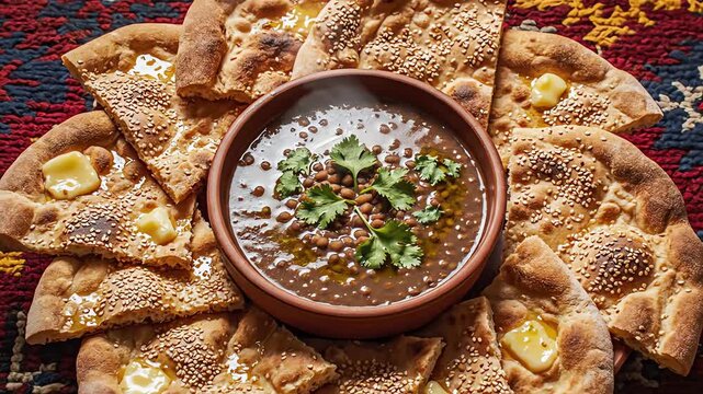 Overhead flat lay shot capturing a full spread of golden flatbread pieces surrounding a central bowl of dark lentil stew set on an ornate ethnic floor covering top down, gastronomy, vegan