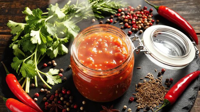 Overhead flat lay shot capturing wisps of steam rising gently from a clear glass jar of hot salsa surrounded by fresh herbs and spices on a dark slate surface hotfood, foodie, rising