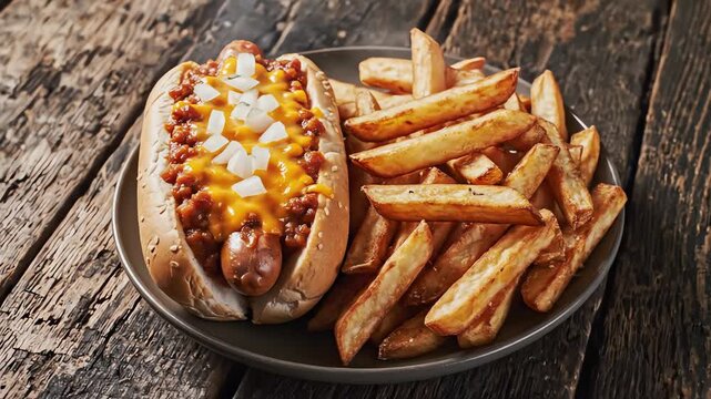 Overhead flat lay shot featuring a fully loaded chili cheese hot dog and a generous pile of thick cut steak fries rotating slowly on a distressed wooden table top cooked, fully loaded, browns