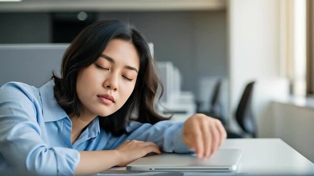 Tired Young Woman Sleeping at Office Desk in Modern Workspace
