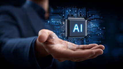 A hand presenting an artificial intelligence chip representing innovation technological empowerment advanced automation and digital transformation.
