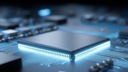 A central microchip mounted on an electronic board with illuminated connectors, illustrating computing capacity, data handling and modern digital infrastructure.
