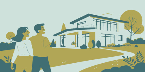 Real Estate Buying Illustration Showing a Happy Couple Celebrating Their New Home Purchase with a Sold Sign in the Background