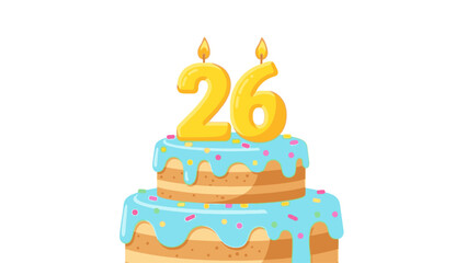 Illustration of a two-tiered birthday cake with blue icing and the number 26 on top with lit candles against a plain white background.