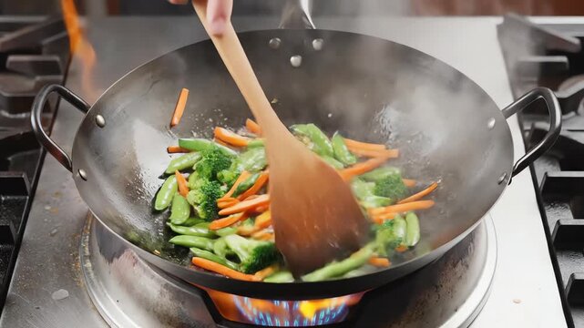 Overhead flat lay shot of colorful fresh vegetables including carrots snap peas and broccoli being constantly stirred in a stainless steel wok on a burner dieting, eating, burner