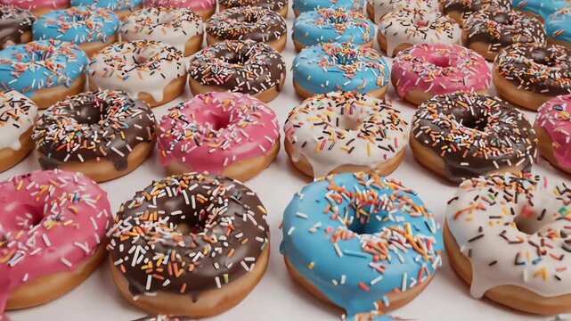 Overhead flat lay shot of dozens of colorful frosted donuts with sugar sprinkles arranged neatly in a mesmerizing repeating grid pattern pattern, foodart, frosted