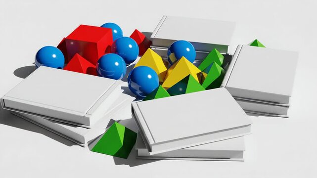 Overhead flat lay shot of organized colorful geometry shapes and blank textbooks slowly rotating on a clean minimalist surface website, university, composition