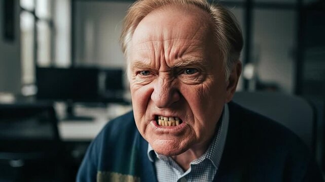 Angry Older Man Shouting in Office Setting with Computer Background