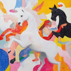 Magical horse parade colorful fantasy land art painting vibrant environment abstract viewpoint