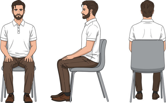 Seated man character front side and back views vector illustration showing sitting posture on chair in flat realistic style