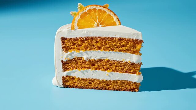 Overhead graphic shot of a perfect wedge of orange layer cake centered on a smooth sky blue surface with minimal shifting shadows orange, dessert, perfect