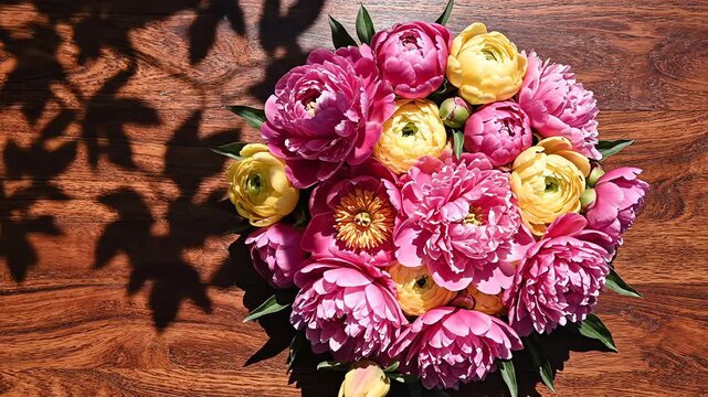 Overhead flat lay view of vibrant pink and yellow blossoms arranged artfully on a dark stained wood surface with subtle tree shadows slowly crawling across the scene decorative, flowers, commercial