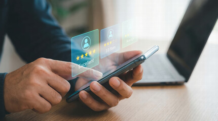 Person using smartphone to view digital reviews and ratings, showcasing modern interaction with technology and online feedback. scene conveys sense of engagement and evaluation