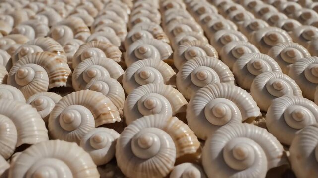 Overhead high-angle wide shot of hundreds of miniature, identical, cream-colored spiral shells covering a flat bed creating a repeating, textural, organic expanse environment, high angle, composition