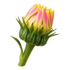 A partially opened flower bud isolated on a white background showing transition from bud to bloom
