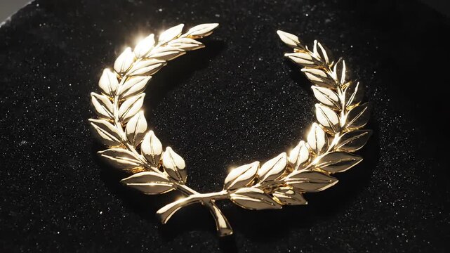 Overhead macro view of a classic polished gold laurel wreath resting on black velvet slowly rotating against a stark contrast smooth, expensive, slowly rotating