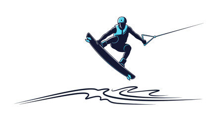 Wakeboarder in Mid-Air: Action Sports Illustration with Dynamic Water Splash Design. © Roti