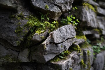 Obraz premium Close-up of a stone wall with moss and plants