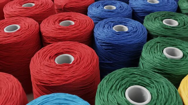 Overhead perspective looking down onto dozens of vibrant yarn spools neatly arranged in a clean geometric grid pattern emphasizing color blocks and texture texture, design, stock footage