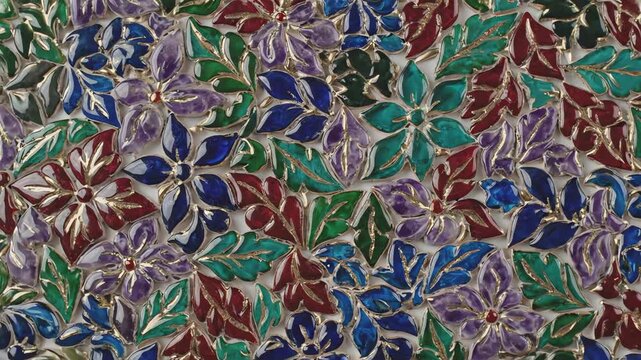 Overhead perspective of a tight mosaic grid composed of vividly colored stylized leaves and floral shapes rotating subtly in a continuous seamless loop background aerial style, abstract motion