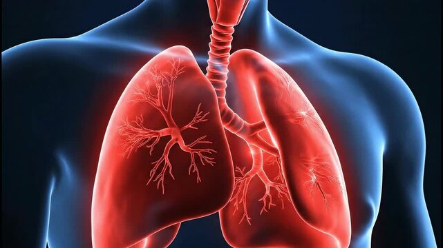 Detailed human lungs with trachea and bronchi, symbolizing anatomy, respiration, and health, on blue background
