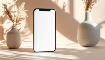 Smartphone mockup for Instagram post and story, January February 2025 theme, minimal background, realistic phone frame, soft shadows, modern aesthetic, empty screen display, high resolution, no text

