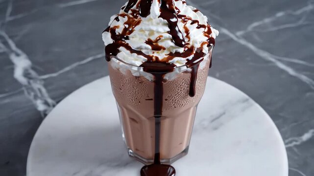Overhead shot of a massive creamy chocolate milkshake with copious whipped cream and rich syrup garnish standing perfectly centered on a polished gray marble surface modern, confectionery, flat lay