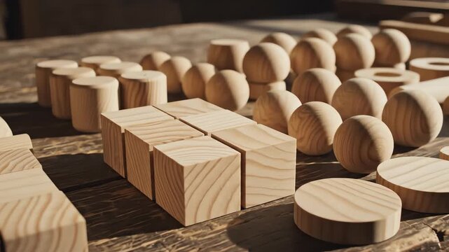 Overhead shot displaying various unfinished wooden craft materials like small toy blocks and smooth components laid out neatly on a rustic workshop table surface background, small, shot
