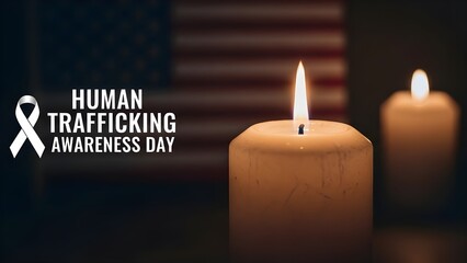 Human trafficking awareness day two candles lit in dark background with ribbon symbol