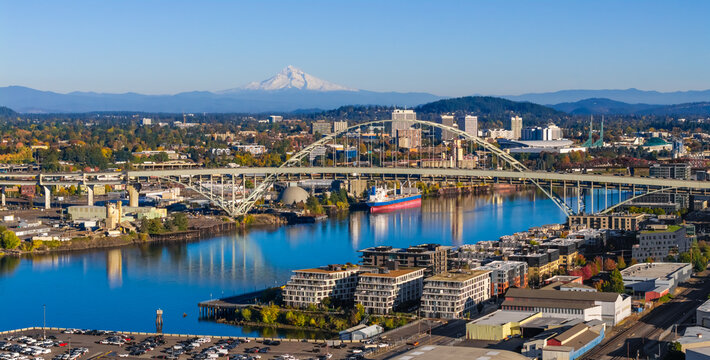 Aerial view of the Fremont Bridge is a steel tied-arch bridge, over the Willamette River located in Portland, Oregon, USA.