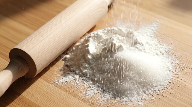 Overhead shot showing a light grain wooden rolling pin resting next to a scattering of white baking ingredients including loose flour and sugar still life, composition, culinary