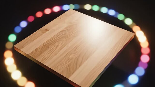 Overhead simulated aerial shot of a clean natural wood square tabletop centered against an intense circular frame of defocusing multicolor lights wood, circular, pattern