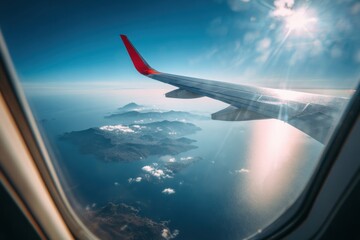 Fototapeta premium Airplane window view of islands and ocean