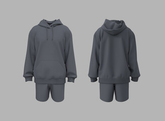 Oversized men’s hoodie and shorts set mockup. Long sleeve streetwear outfit, front and back view. 3d illustration, 3d rendering  © Febriana